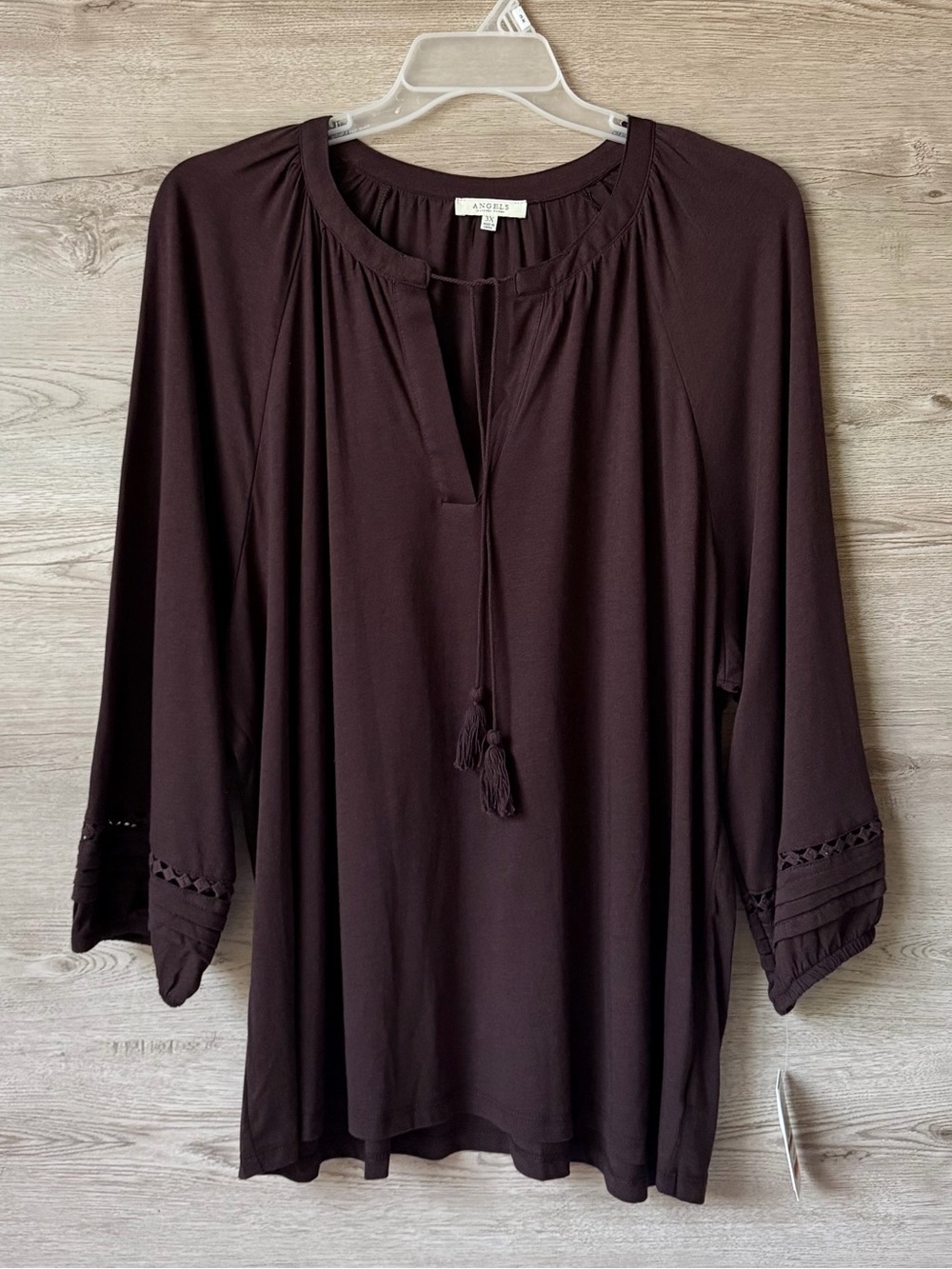 Angels Forever Young 3X Chocolate Plum Boho Tassel Tie 3/4 Sleeve Top NWT